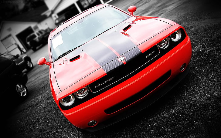 red and black Dodge Challenger RT, car, red cars, mode of transportation, HD wallpaper