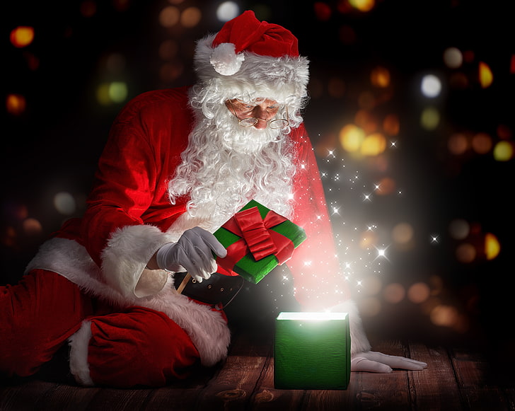 santa claus with gift box, New Year, Christmas, night, merry christmas, HD wallpaper