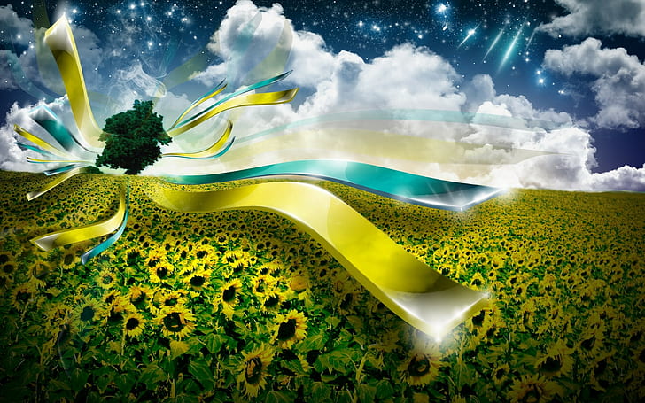 Ukraine, digital art, sunflowers, field, sky, stars, HD wallpaper