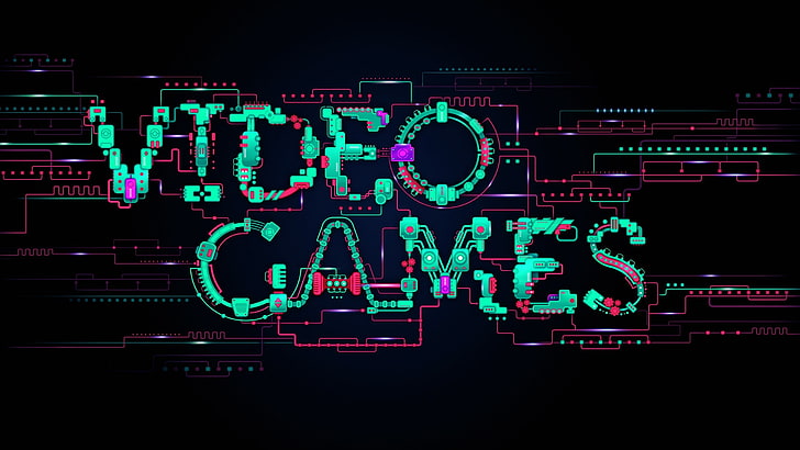 Video games illustration, typography, technology, circuits, simple background