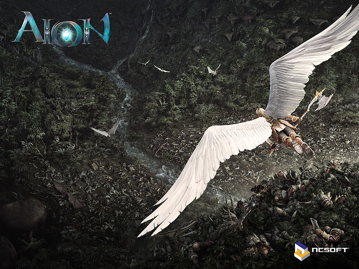 Aion game wallpaper, angel, war, forest, video games, wings, fantasy art