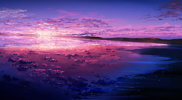 HD wallpaper: Anime, Original, Ocean, Purple, Reflection, Sky, Sunset |  Wallpaper Flare