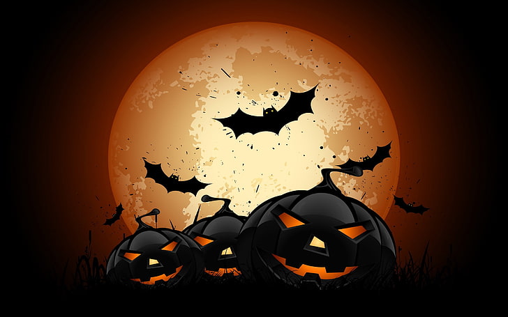 black Jack'-o'lanterns clip art, Halloween, bats, pumpkin, Moon, HD wallpaper