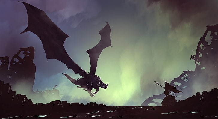 silhouette of person holding staff in front of dragon digital wallpaper