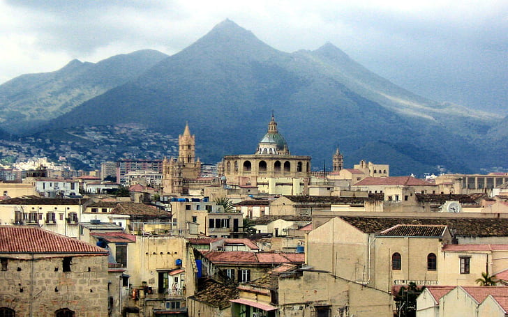 Old Palermo In Sicily, brown wall house paint, mountain, cathedral
