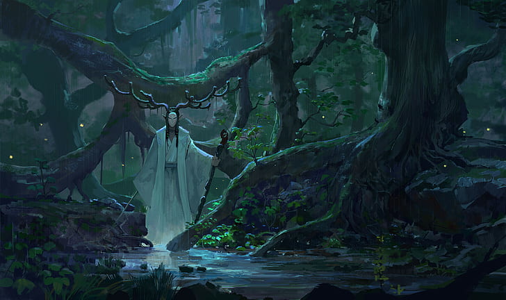 fantasy art, horns, druids, forest, Japanese, stream, rain
