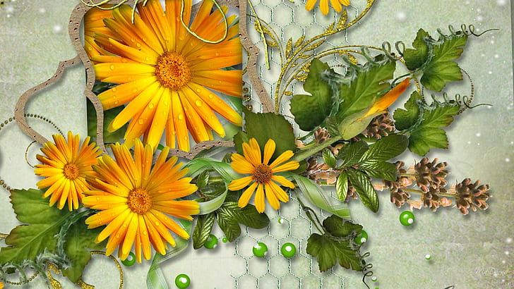 Yellow Daisies Buds, yellow and green daisy flower wall paper