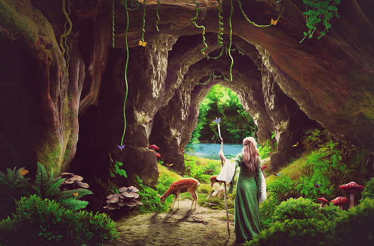 Peace of Heaven, back of woman standing holding brown stick inside cave near deer painting, HD wallpaper