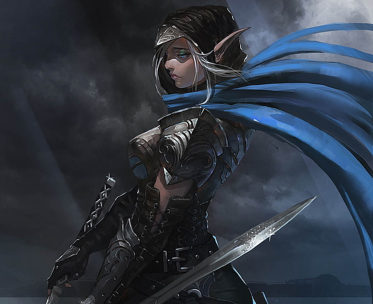 female elf assassin digital wallpaper, girl, fantasy, armor, sword