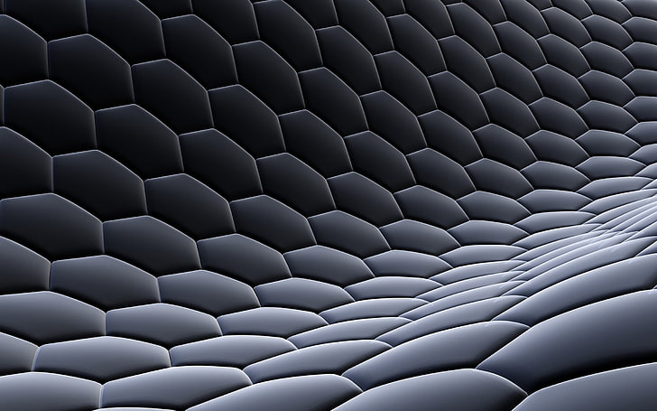 quilted black wallpaper, abstract, digital art, hexagon, pattern, HD wallpaper