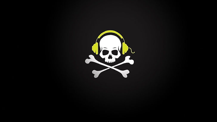 white and yellow pirate skull with headphone logo, black background