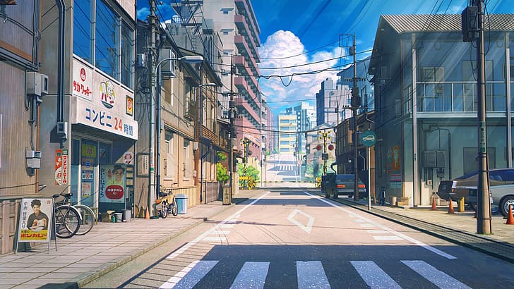 Japan, anime, clouds, street, bycicle, house, sky