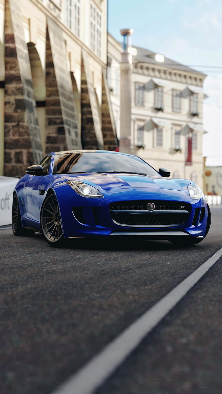 jaguar f-type, sports car, race, blue, front view