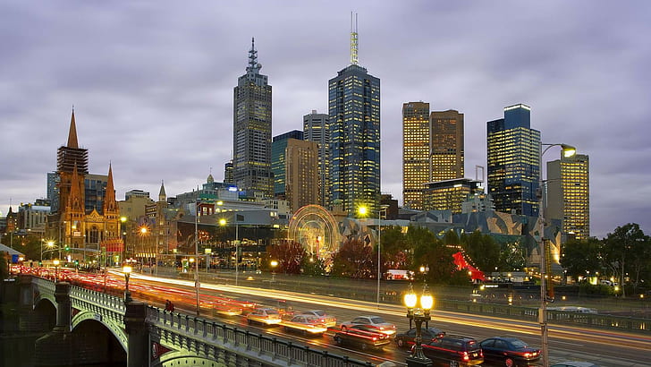 Melbourne, Australia, traffic, bridge, city, skyscrapers, highrises