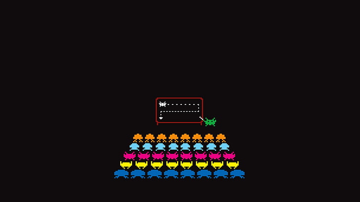 blue, yellow, and red game application, Space Invaders, simple background