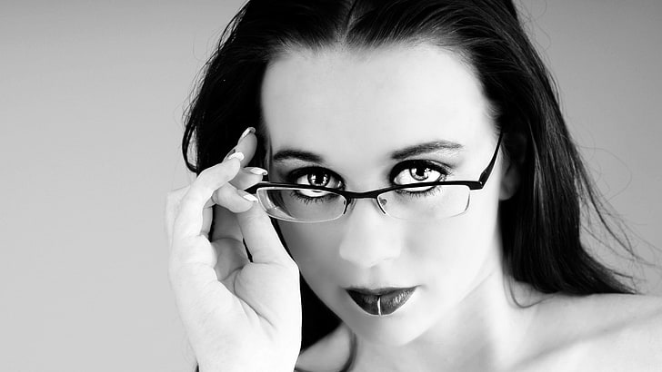 grayscale photography of woman wearing eyeglasses, monochrome