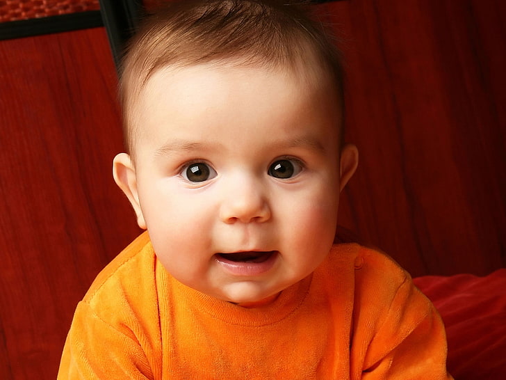 Cute Baby Close Up, boy's orange sweatshirt, red, lips, handsome baby