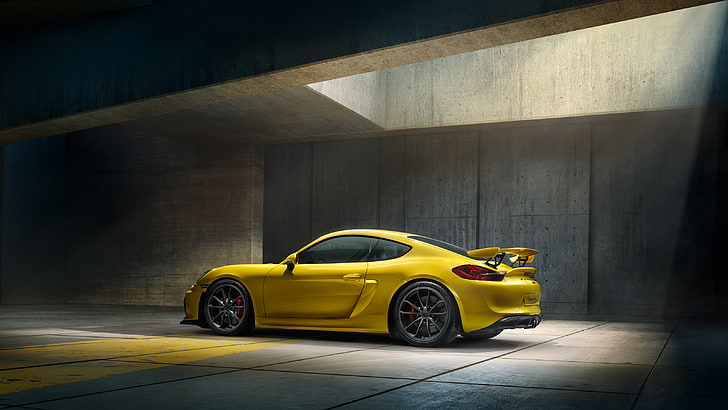 yellow coupe, porsche, cayman, gt4, side view, car, land Vehicle