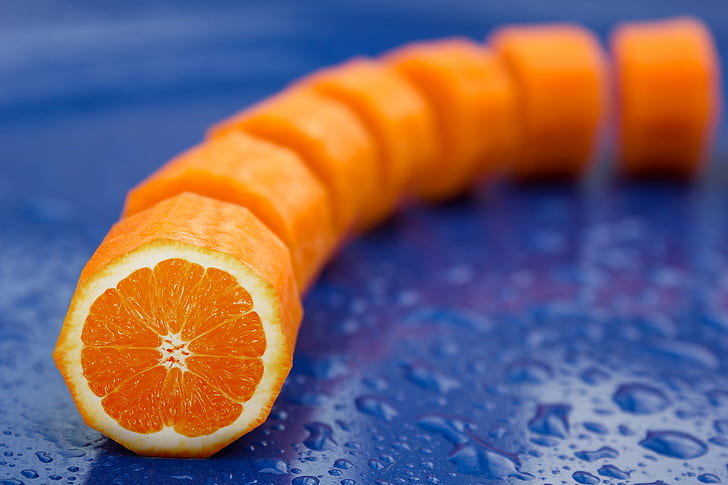 depth of field photography of sliced oranges, Orange and Blue, HD wallpaper