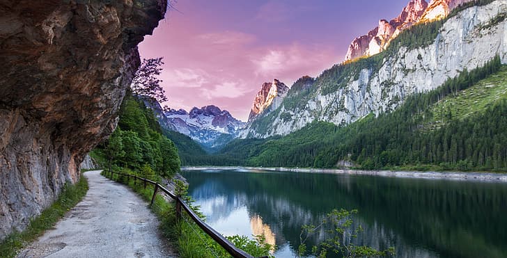 landscape, mountains, nature, lake, morning, Austria, Alps, HD wallpaper