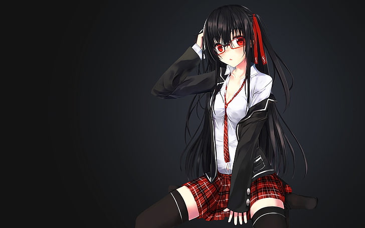 female anime character, school uniform, red eyes, one person
