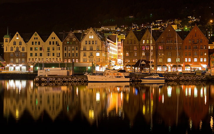 bergen, night, norway, reflection, illuminated, building exterior, HD wallpaper