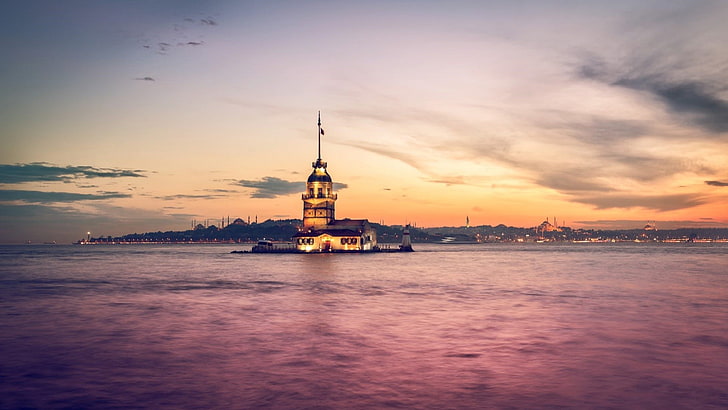 Istanbul, Turkey, Maiden's Tower, Bosphorus, sea, building, HD wallpaper