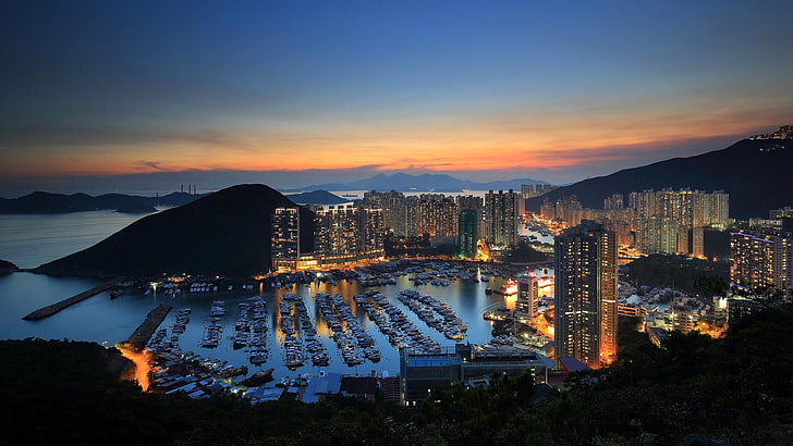 night cityscape, Hong Kong, harbor, mountains, sunset, architecture