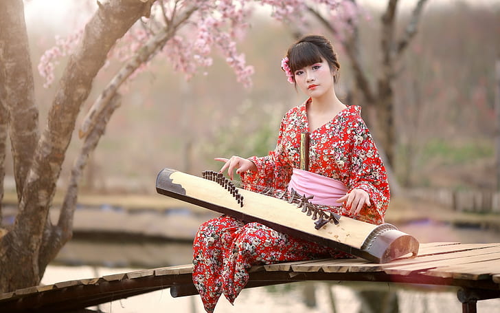 Japan, girl, kimono, music, woman's red and gray floral traditional dress