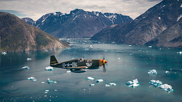 Mustang, The ocean, Fighter, Iceberg, USAF, The Second World War, HD wallpaper