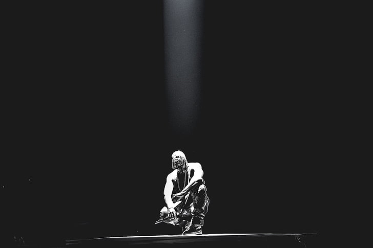 man crouching at dimmed light, Yeezus, Kanye West, two people