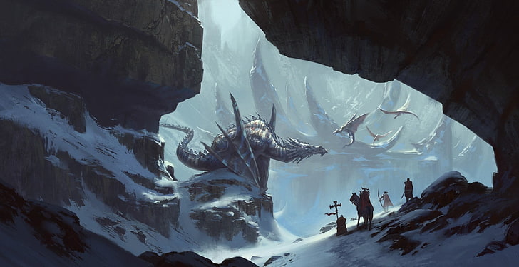 gray dragon near cave illustration, artwork, fantasy art, digital art, HD wallpaper