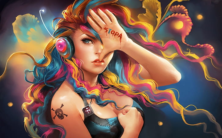 Colorful hair fantasy girl listening to music, HD wallpaper