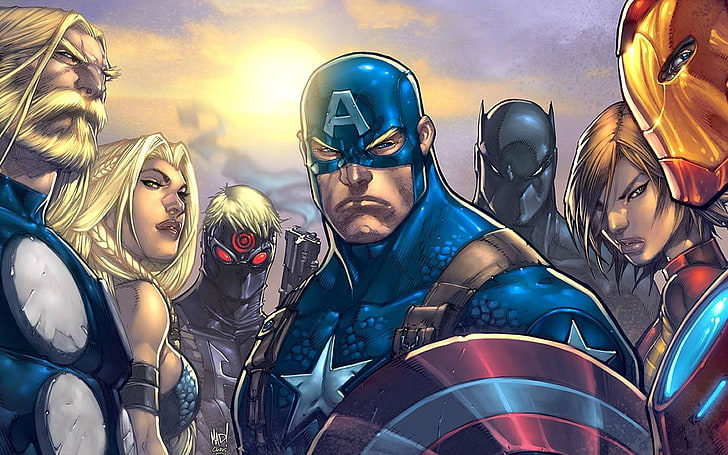 Marvel illustration, superhero, Iron Man, Captain America, Black Panther