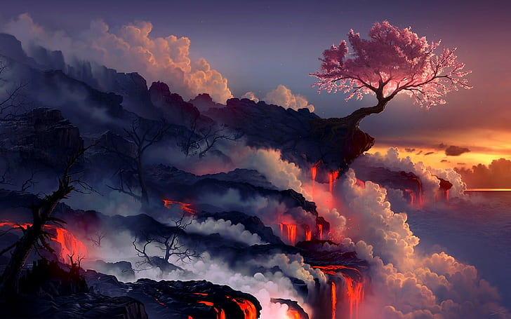 digital art, cherry blossom, lava, Fightstar, sunset