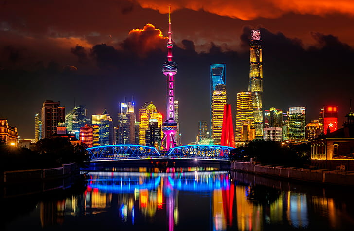 Cities, Shanghai, Bridge, Building, China, City, Night, River