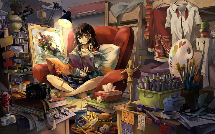 Hd Wallpaper Girl Reading While Painting Animated Woman Painting Anime 1920x1200 Wallpaper Flare