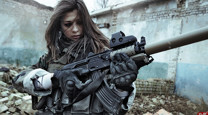 Amazon, women's black leather jacket and black rifle, Army, Girl