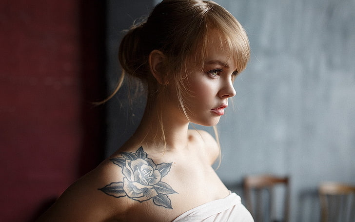 Anastasia Scheglova, blonde, women, model, portrait, tattoo, HD wallpaper