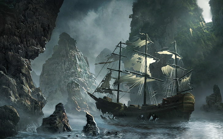 old ship, sailing ship, ghost ship, fantasy art, artwork