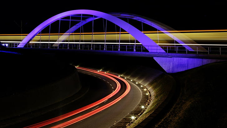 architecture, bridge, night, light trails, road, long exposure, HD wallpaper