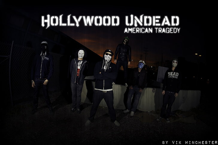 Hollywood Undead American Tragedy wallpaper, black, masks, text
