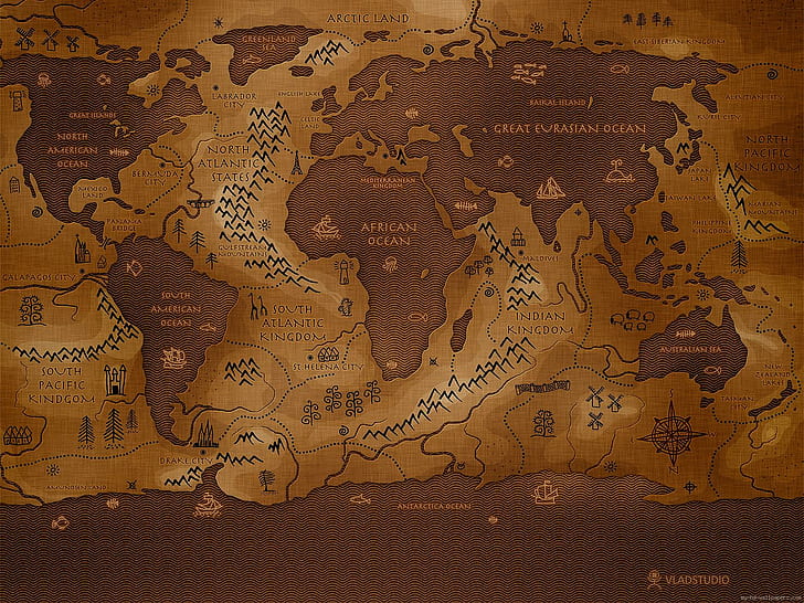 Old world map in sepia, brown and black map, vintage
