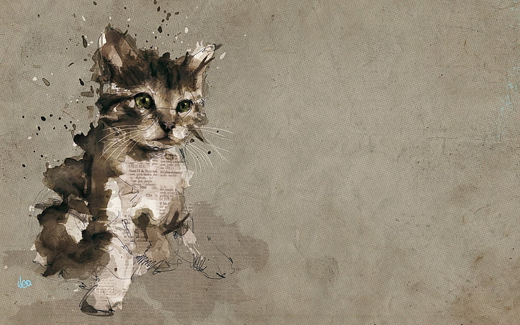 brown and white cat illustration, animals, pet, kittens, digital art, HD wallpaper