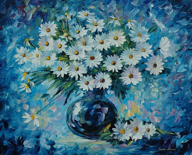 white daisy flowers painting, chamomile, bouquet, vase, Leonid Afremov