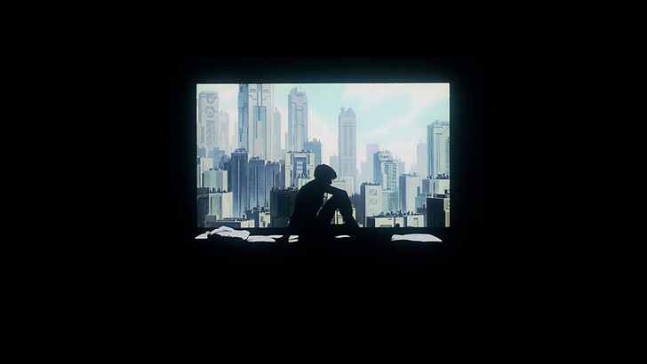 black background, Kusanagi Motoko, bed, window, women, cityscape, HD wallpaper