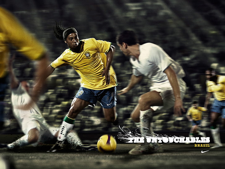 men's yellow shirt, football, Ronaldinho, untouchable, sport
