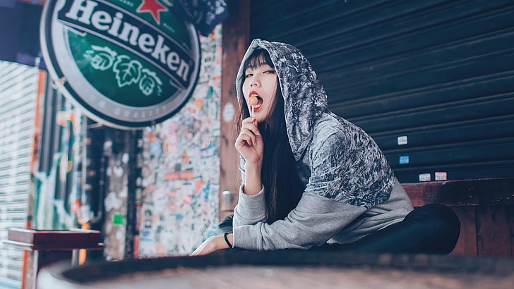 Heineken, lollipop, Asian, hoods, women, women outdoors, urban