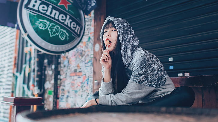 lollipop, Asian, Heineken, urban, model, women, hoods, women outdoors, HD wallpaper