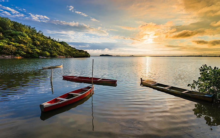 photo of two red and brown canoe boats, lagoa, barra, laguna, lagoa, barra, laguna, HD wallpaper